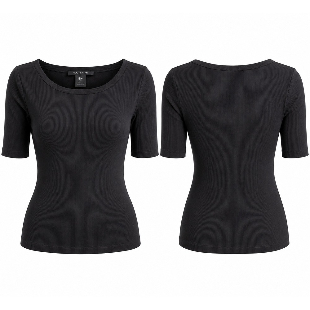 Tahari Women's Black Ribbed Knit Scoop Neck Elbow Sleeve Top Size